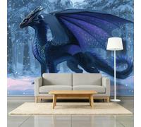 Papel pintado panorámico de 300 x 210 cm, fantasía animal dragón invierno bosque póster mural negro papel pintado 3D pared para sala de estar, dormitorio de niños, sala de juegos, decoración de pared