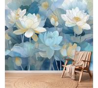Papel pintado panorámico de acuarela botánica azul loto hojas de loto tinta 3D diseño de pared, tapiz fotográfico gigante para sala de estar, dormitorio infantil, pared XXL sin tejer, 400 x 280 cm