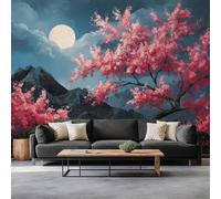 Papel pintado panorámico de luna llena de cerezo en flor 450 x 315 cm póster mural 3D, aceite fantástico foto de pared, papel pintado no tejido para sala de estar, dormitorio, lienzo, fondo de