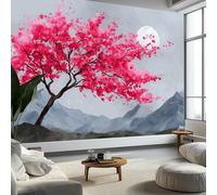Papel pintado panorámico de montañas cerezos en flor luna, papel pintado estilo tradicional oriental extraíble - mural fácil de colocar - pared para sala de estar, dormitorio infantil, 300 x 210 cm