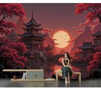 Papel Pintado Panorámico De Pared, Paisaje De Estilo Japonés, Estampados Flores Ciruelo Rojo Sunset Tower, Póster Gigante De Pared Personalizado 3D Para Salón O Dormitorio, 250 × 175 Cm,Naranja-Rojo