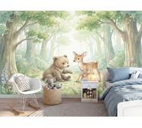 Papel pintado panorámico de seda 300x210cm, Bosque de dibujos animados Oso pequeño, ciervo sika, árbol - Póster de pared grande para sala de estar, adulto habitación de niños, estudio decoración