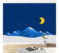 Papel pintado panorámico dibujos animados 500An x 280Al cm, tapiz mural decoración salón - Papel pintado diseño moderno noche cielo estrellado montañas luna para habitación infantil decoración mural