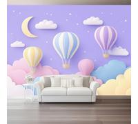 Papel Pintado Panorámico - Dibujos Animados Globo Aerostático Nubes Luna Mural Fotográfico Artístico 400 x 280 cm, Púrpura Papel Pintado No Tejido Decoración De Pared Sala Oficina Salón Dormitorio