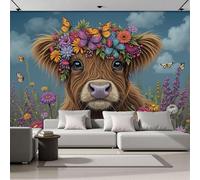 Papel Pintado Panorámico El Ganado De Las Tierras Altas Florece En Sus Cabezas - Mural Fotográfico Animales Rurales 250x175cm, Papel Pintado Seda Decoración De Pared Sala Oficina Salón Dormitorio