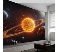 Papel pintado panorámico ensoñador universo sistema solar planetas, foto mural moderna 350An x 256Al cm - Papel pintado decoración hogar oscuro para salón habitación habitación infantil oficina