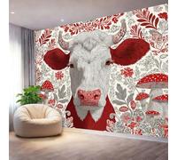 Papel Pintado Panorámico Escandinavo Arte Popular Vaca Fotomurales Murales de Pared Decoración Póster in Tejido No Tejido Personalizado 3D Para Salón Dormitorio Oficina, 300 x 210 cm, Rojo Blanquecino
