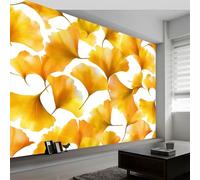 Papel pintado panorámico estilo acuarela 250An x 175Al cm, tapiz mural decoración salón - Papel pintado diseño moderno plantas amarillo hojas de ginkgo para habitación infantil decoración mural