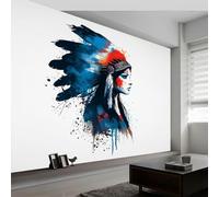 Papel pintado panorámico estilo del oeste americano 450An x 280Al cm, tapiz mural decoración salón - Papel pintado diseño moderno tocado de plumas niña para habitación infantil decoración mural