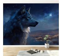 Papel Pintado Panorámico Estilo Onírico 450An x 315Al cm, Foto Mural Papel Pintado Animales Cielo Estrellado Lobo Nubes - Póster Mural y Cuadros para Salón Dormitorio Decoración Interior del Hogar