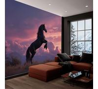 Papel pintado panorámico estilo realista 350An x 256Al cm, tapiz mural decoración salón - Papel pintado diseño moderno pradera animales caballo atardecer para habitación infantil decoración mural