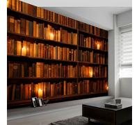 Papel pintado panorámico estilo retro 200An x 140Al cm, tapiz mural decoración salón - Papel pintado diseño moderno estantería luz de vela libros para habitación infantil decoración mural