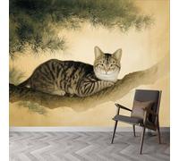 Papel pintado panorámico estilo Ukiyo E, papel pintado de árbol animal gato tigre extraíble impermeable - mural fácil de colocar - Decoración de pared para sala de estar, habitación infantil, 250 x