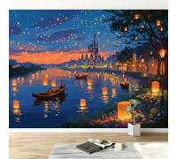 Papel pintado panorámico fantasía 350An x 256Al cm, tapiz mural decoración salón - Papel pintado diseño moderno cielo nocturno linterna castillo barco para habitación infantil decoración mural