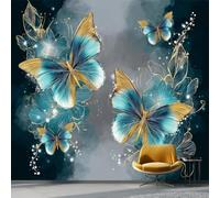 Papel Pintado Panorámico Fantasía Insectos Mariposas Con Purpurina para Sala de Estar, 150 x 105 cm Papel Pintado Fotográfico No Tejido para Decoración Del Hogar Habitación Infantil, Turquesa