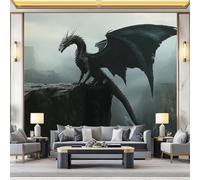 Papel Pintado Panorámico Fantasía Oscura Dragón Fondo De Acantilado para Sala de Estar, 200 x 140 cm Papel Pintado Fotográfico No Tejido para Decoración Del Hogar Habitación Infantil, Negro