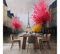 Papel Pintado Panorámico Flores Árboles Las Calles De París 250x175 cm Fotomurales No Tejido, Murales Decoración Póster Pared Personalizado 3D Para Salón Dormitorio