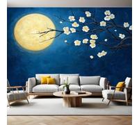 Papel Pintado Panorámico Flores de cerezo en pintura al óleo 450 x 315 cm amarillo Fotomural Tejido No Tejido 3D para Salón o Dormitorio