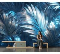Papel Pintado Panorámico Fotomurales 350X256Cm - Papel Pintado Fotográfico Escultura Planta Tropical Hoja Palma Metal Lujosa Murales Azul Plateado Póster Niños Juvenil Salón Dormitorio Decoración
