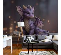 Papel Pintado Panorámico Fotomurales 400X280Cm - Papel Pintado Fotográfico Lindo Dragón 3D Libro Animal De Fantasía Retro Murales Morado Grisáceo Póster Niños Juvenil Salón Dormitorio Decoración