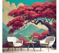 Papel Pintado Panorámico Fotomurales 450X315Cm - Papel Pintado Fotográfico Hojas De Arce Rojo Japonés Monte Fuji Paisaje Retro Murales Azul Póster Niños Juvenil Salón Dormitorio Decoración