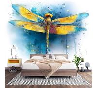 Papel Pintado Panorámico Fotomurales Amarillo 250x175 cm, Murales de Pared Decoración Póster in Tejido No Tejido PatróN de LibéLula de Acuarela Personalizado 3D Para Salón Dormitorio Oficina