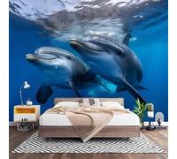 Papel Pintado Panorámico Fotomurales Animales Alta DefinicióN Delfines 400x280 cm, Murales de Pared Decoración Póster in Tejido No Tejido Azul Personalizado 3D Para Salón Dormitorio Oficina