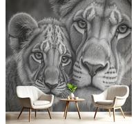 Papel Pintado Panorámico Fotomurales Animales salvajes Leona y cachorros 300x210cm, Murales de Pared Decoración Póster in Seda Gris Personalizado Para Salón Dormitorio Oficina