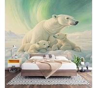 Papel Pintado Panorámico Fotomurales Aurora 300x210 cm, Murales de Pared Decoración Póster in Tejido No Tejido Familia de Osos Polares Animales Personalizado 3D Para Salón Dormitorio Oficina