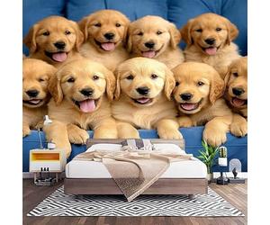 Papel Pintado Panorámico Fotomurales Azul 400x280 cm, Murales de Pared Decoración Póster in Tejido No Tejido Familia de Animales Golden Retriever Personalizado 3D Para Salón Dormitorio Oficina