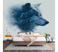 Papel Pintado Panorámico Fotomurales Azul Claro 350x256 cm, Murales de Pared Decoración Póster in Tejido No Tejido PatróN de Cabeza de Lobo En Acuarela Personalizado 3D Para Salón Dormitorio Oficina