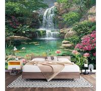 Papel Pintado Panorámico Fotomurales Cascada Paisaje de Estanque de Lotos 300x210 cm, Murales de Pared Decoración Póster in Tejido No Tejido Naturaleza Personalizado 3D Para Salón Dormitorio Oficina