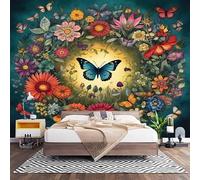Papel Pintado Panorámico Fotomurales Estampado de Mariposas Y Flores 250x175 cm, Murales de Pared Decoración Póster in Tejido No Tejido Vistoso Personalizado 3D Para Salón Dormitorio Oficina