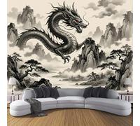 Papel Pintado Panorámico Fotomurales Estilo de pintura con tinta Un dragón gigante voló entre las montañas 200x140cm, Murales de Pared Decoración Póster in Seda Negro Personalizado