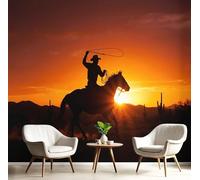 Papel Pintado Panorámico Fotomurales Estilo de silueta Vaquero montando a caballo 200x140cm, Murales de Pared Decoración Póster in Seda Naranja quemado Personalizado Para Salón Dormitorio Oficina