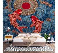 Papel Pintado Panorámico Fotomurales Estilo JaponéS Olas Del OcéAno Peces Koi 450x315 cm, Murales de Pared Decoración Póster in Tejido No Tejido Azul Personalizado 3D Para Salón Dormitorio Oficina