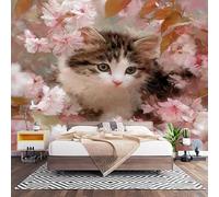Papel Pintado Panorámico Fotomurales Gato RomáNtico Con Flores 350x256 cm, Murales de Pared Decoración Póster in Tejido No Tejido Rosa Personalizado 3D Para Salón Dormitorio Oficina