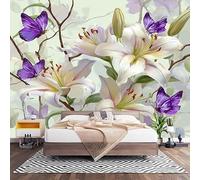 Papel Pintado Panorámico Fotomurales Lirios Pintados y Mariposas 200x140 cm, Murales de Pared Decoración Póster in Tejido No Tejido Vistoso Personalizado 3D Para Salón Dormitorio Oficina