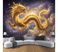 Papel Pintado Panorámico Fotomurales Mitología oriental Dragón gigante en el cielo estrellado y el mar de nubes 300x210cm, Murales de Pared Decoración Póster in Seda Oro Personalizado