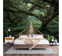Papel Pintado Panorámico Fotomurales Naturaleza Bosque Puente Colgante 450x315 cm, Murales de Pared Decoración Póster in Tejido No Tejido Verde Personalizado 3D Para Salón Dormitorio Oficina