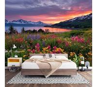 Papel Pintado Panorámico Fotomurales Paisaje Natural 250x175 cm, Murales de Pared Decoración Póster in Tejido No Tejido Lagos MontañAs Nevadas Flores Personalizado 3D Para Salón Dormitorio Oficina