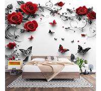 Papel Pintado Panorámico Fotomurales Rosa Roja RomáNtica 300x210 cm, Murales de Pared Decoración Póster in Tejido No Tejido Mariposa Personalizado 3D Para Salón Dormitorio Oficina