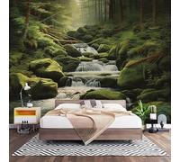 Papel Pintado Panorámico Fotomurales Verde 250x175 cm, Murales de Pared Decoración Póster in Tejido No Tejido Cascada De Piedra De Musgo Del Bosque Personalizado 3D Para Salón Dormitorio Oficina