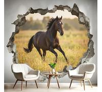 Papel Pintado Panorámico Fotomurales Vida salvaje en 3D Caballos corriendo a través del muro roto 350x256cm, Murales de Pared Decoración Póster in Seda Marrón oscuro Personalizado