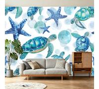 Papel pintado panorámico frente al mar Acuarela tortuga de mar estrella de mar burbujas 3D diseño de pared, tapicería fotográfica para sala de estar, dormitorio infantil, decoración de pared sin