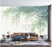 Papel Pintado Panorámico Hojas De Sauce Pájaros 250x175cm De Seda, Fotomurales Pared Decorativos Estilo Natural Oriental, Murales De Paredes Salón Dormitorio Habitació
