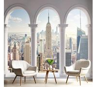 Papel Pintado Panorámico Horizonte Urbano Ventana Arqueada,450x315cm Papel PintadoRascacielos Arquitectura, Fotomural Mural de Pared para Salón, Dormitorio y Habitación Infantil, Decoración de Pared