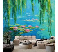 Papel pintado Panorámico Intejido Retro Oil Painting Pond Water Lilies Willow, verde oscuro póster de pared para cocina, dormitorio, restaurante, sala de estar, dormitorio infantil, fondo de TV de
