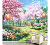 Papel pintado panorámico japonés estilo dibujos animados floral plantas 200 x 140 cm póster gigante mural de papel pintado no tejido - para sala de estar, dormitorio de los niños - árboles flores