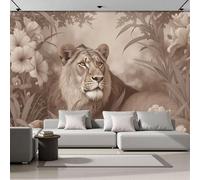 Papel Pintado Panorámico León Africano Entre Flores De Seda, Papel Pintado Pared Estilo De Ilustración Natural, Murales Fotográfico Para Sala De Estar, Dormitorio Decoración 400x280cm